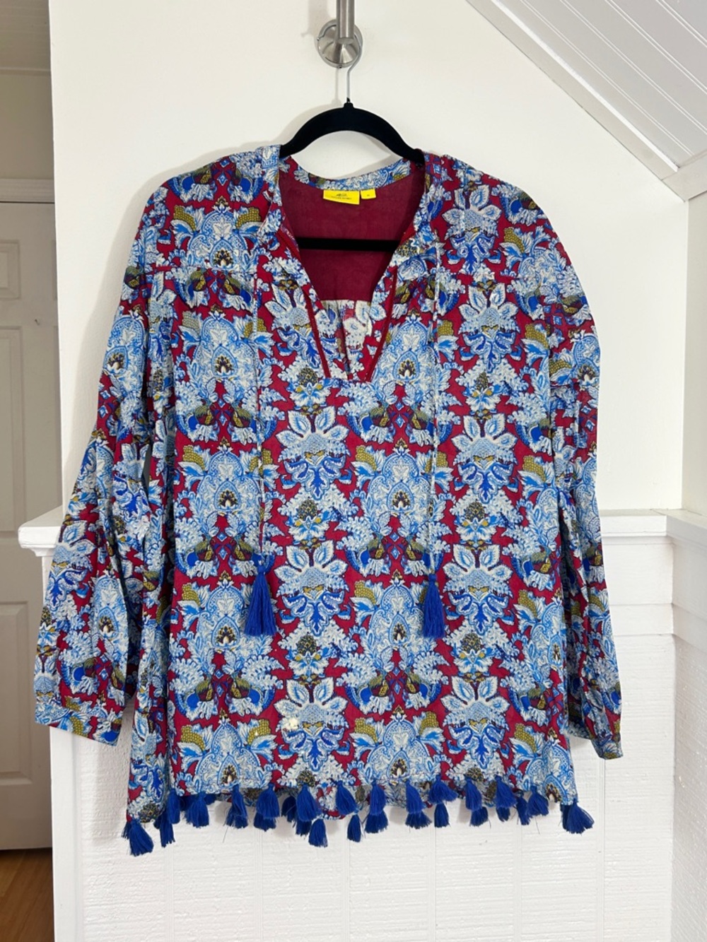 Roller Rabbit Josefina Tassel Cotton Tunic Top Red & Blue Paisley size Medium